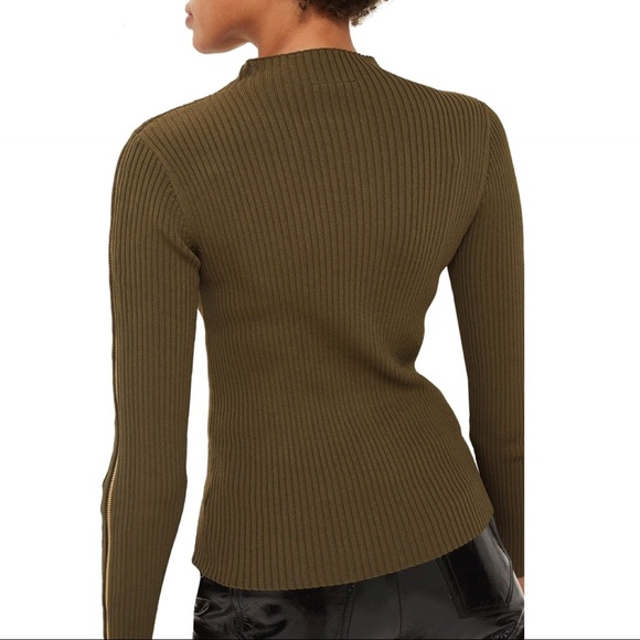 NWT TopShop Zip Sleeve Funnel Neck Sweater Olive - Picture 2 of 8